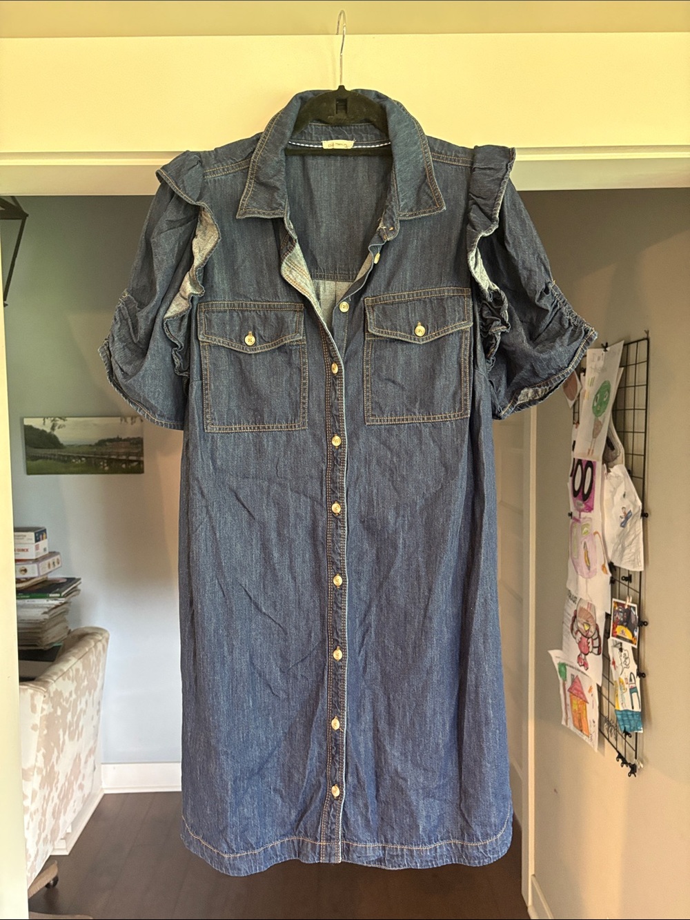 Pilcro Denim Midi Shirt Dress in Blue with Ruffle Sleeves